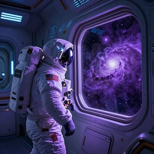 Photorealistic digital artwork of an astronaut in a white spacesuit, gazing at a vibrant purple nebula through a spaceship window.