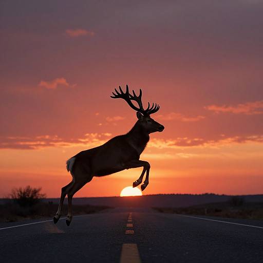 Silhouetted deer with antlers leaping on a road at sunset, vibrant orange and purple sky, sun low on horizon, road lines visible