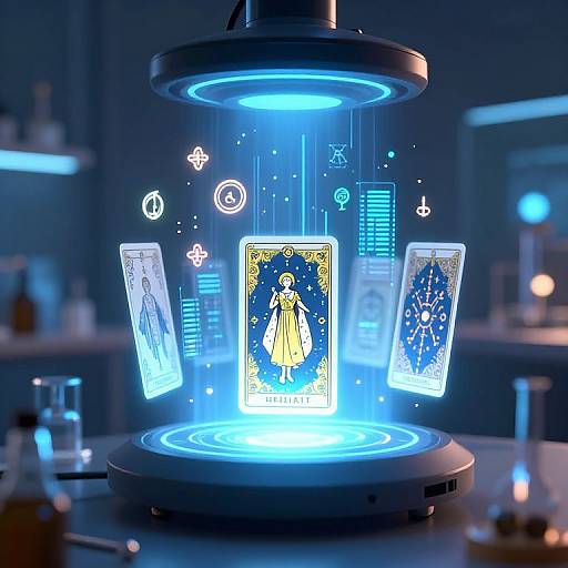 Digital art: Glowing blue futuristic device holds illuminated tarot card with 