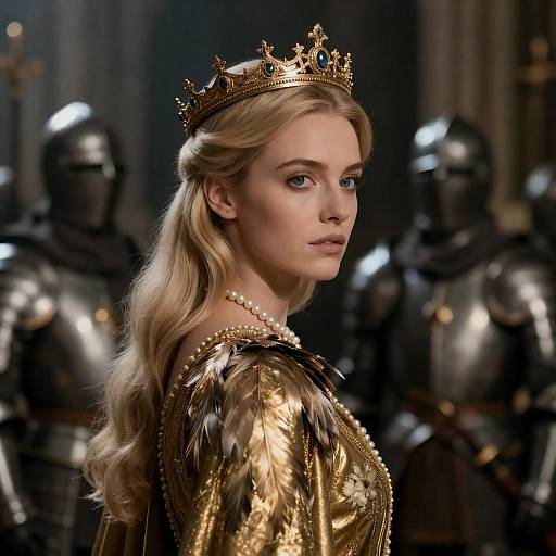 Regal Blonde Woman with Crown and Feathered Gold Garment