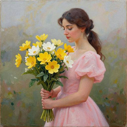 Oil painting of a young woman with fair skin and dark brown hair in a pink dress, holding a bouquet of yellow and white flowers, against a blurred