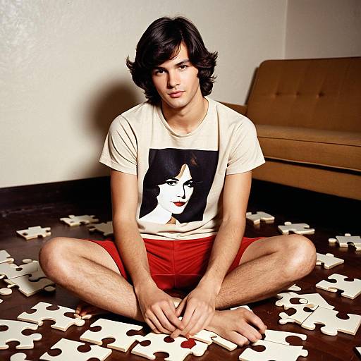 Young man sitting among giant puzzle pieces