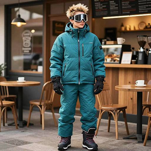 Person in Teal Ski Outfit at Coffee Bar