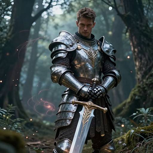 Photorealistic CGI of a young, serious-faced man in shiny silver armor with intricate gold designs, holding a large sword, standing in a misty