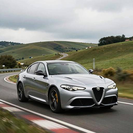 Photograph of a sleek, silver BMW M4 Coupe speeding on a winding road through lush, green hills under a cloudy sky.