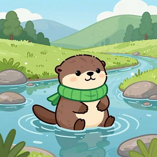 Cute cartoon otter in green scarf stands in a clear blue stream, surrounded by green hills and rocks, under a bright sky. Digital art style