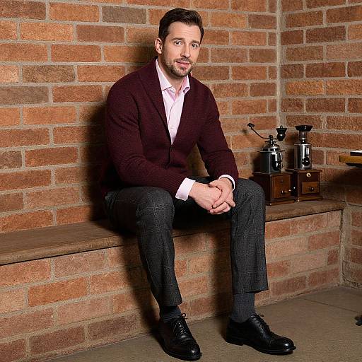 Photograph of a bearded man in a dark blazer, white shirt, and dark pants, sitting on a brick wall bench, with vintage typ