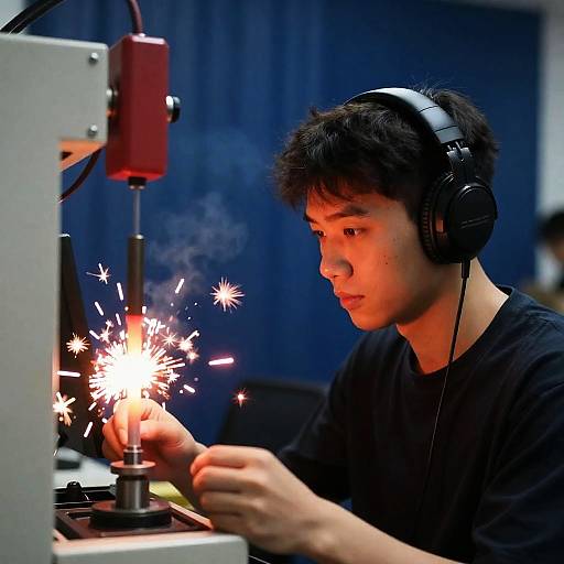 Focused Young Man at a Sparking Machine