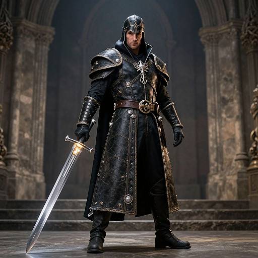Photograph of a muscular, armored knight with a glowing sword, standing in a dimly lit, Gothic-style cathedral. Black leather and steel armor,