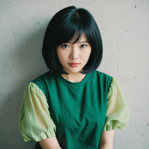 Young Woman with Short Black Hair in Green Shirt