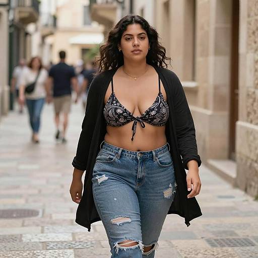 Photograph of a curvy woman with long dark hair, wearing a black lace bra, open cardigan, and ripped jeans, confidently walking down a