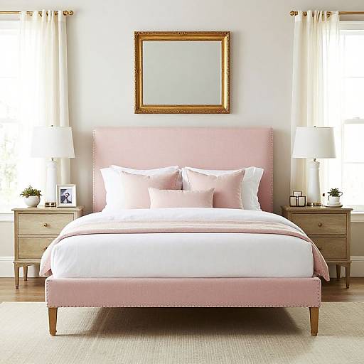 Photograph of a feminine bedroom featuring a pink upholstered bed with white bedding, flanked by wooden nightstands, framed gold mirror, and two white