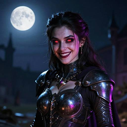 Digital artwork of a smiling, red-eyed vampire woman in black, reflective armor under a full moon, dark castle background.