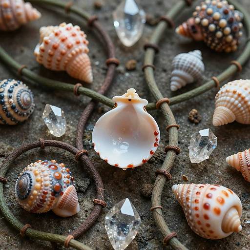 Photograph of colorful seashells with orange and white patterns, surrounded by clear crystals and green vines on dark sand.