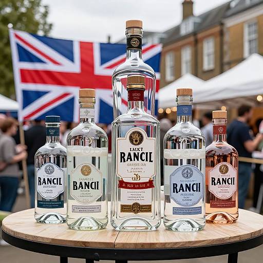 Photograph of five clear Rangitiki gin bottles on a wooden table, with a Union Jack flag in the blurred background.