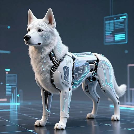 CGI image of a white, cybernetic wolf with glowing circuit patterns on its fur, standing in a futuristic, neon-lit room.