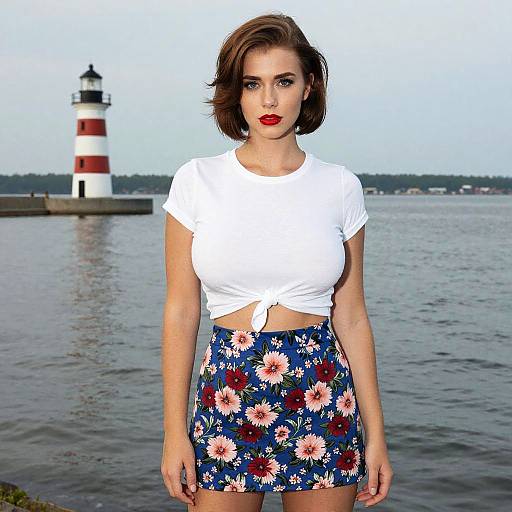 Photograph of a young woman with short brown hair, red lipstick, white tied crop top, and blue floral skirt, standing by a lakeside with