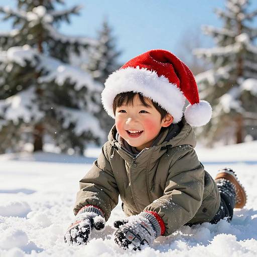 Child Wearing Santa Hat Playing in Snow