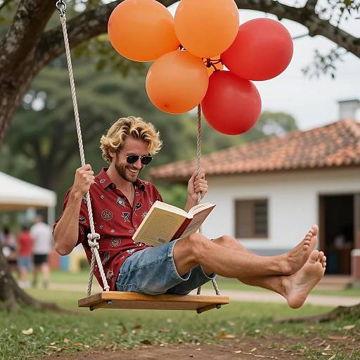 Man Reading Book on Balloon Swing Outdoors