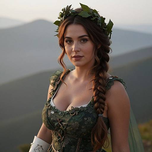 Photograph of a brunette woman with a green leafy crown, wearing an elaborate, green, lace-up dress with a low neckline, set against a