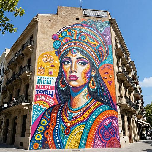 Vibrant street mural of a colorful, adorned woman with intricate headgear and jewelry, set against a sunny urban building.