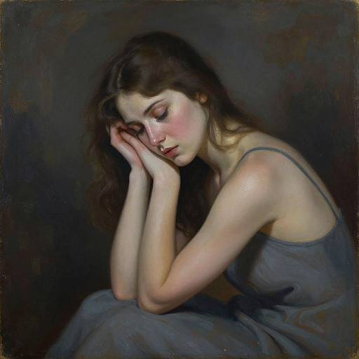 Photorealistic painting of a melancholic woman with long brown hair, pale skin, and closed eyes, resting her head on her hands, wearing a