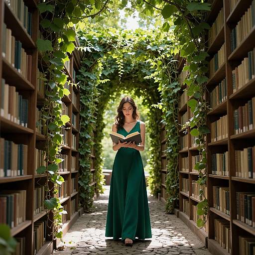 Photograph of a smiling woman in a green dress, reading a book in a sunlit, vine-covered library aisle.