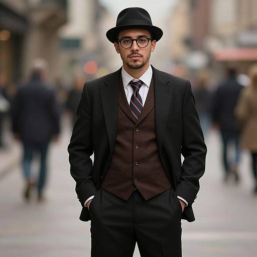 Photograph of a bearded man in a black suit, brown vest, striped tie, and black bowler hat, standing confidently on a blurred city