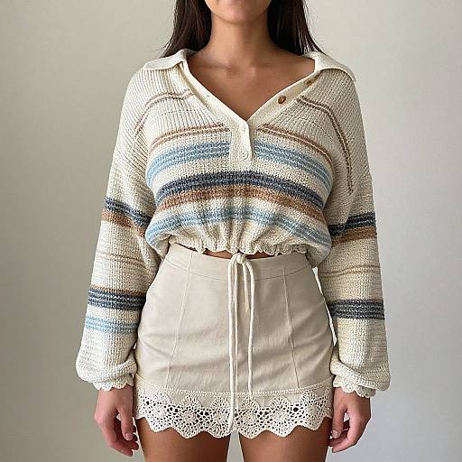 Photograph of a woman with long dark hair, wearing a knitted, striped, white blouse and high-waisted, beige lace-trimmed