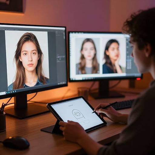 Photograph of a person with curly hair editing portraits on a computer, tablet, and two monitors in a dimly lit room.