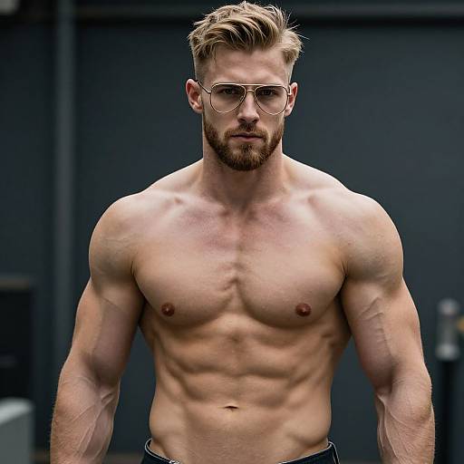 Photograph of a muscular, shirtless Caucasian man with light brown hair, beard, and round glasses, standing against a dark background.