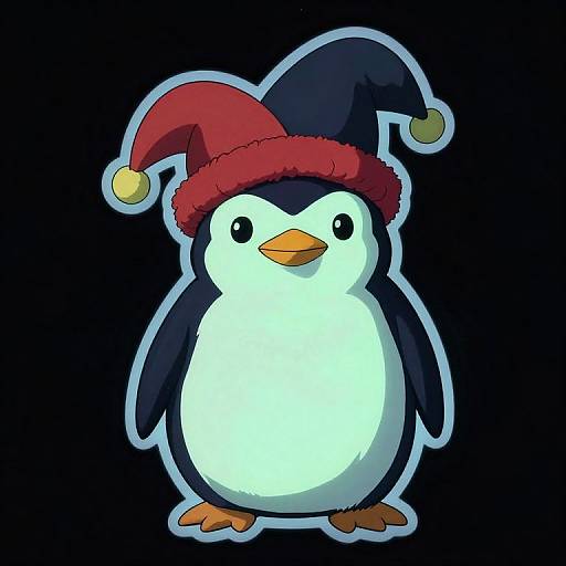 Cute digital illustration of a penguin wearing a red and black jester hat with yellow pom-poms, set against a solid black background.