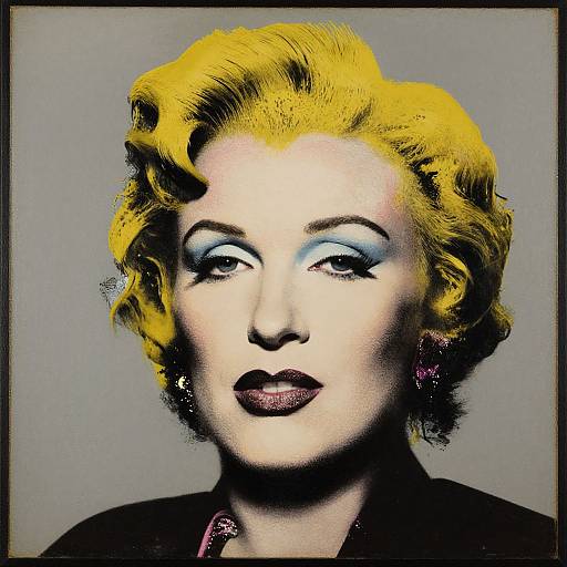 Digital artwork of a woman with bright yellow, wavy hair, heavy blue eye makeup, dark lipstick, and black earrings, set against a gray background