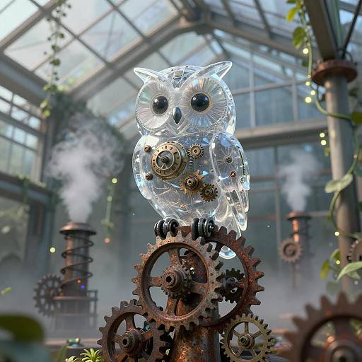 Whimsical Clockwork Owl in Abandoned Greenhouse