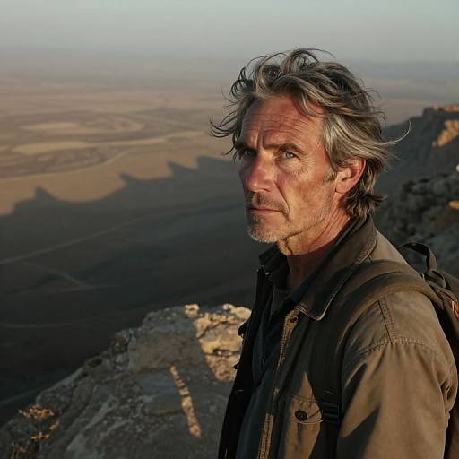 Photograph of a rugged, middle-aged man with grey hair and beard, wearing a brown jacket, standing on a rocky mountain peak with a vast,