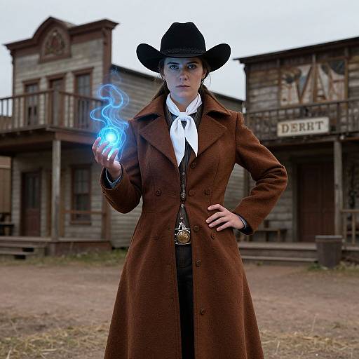 Photorealistic digital art of a stern woman in a brown coat, black hat, white shirt, and black tie, conjuring blue magic in a