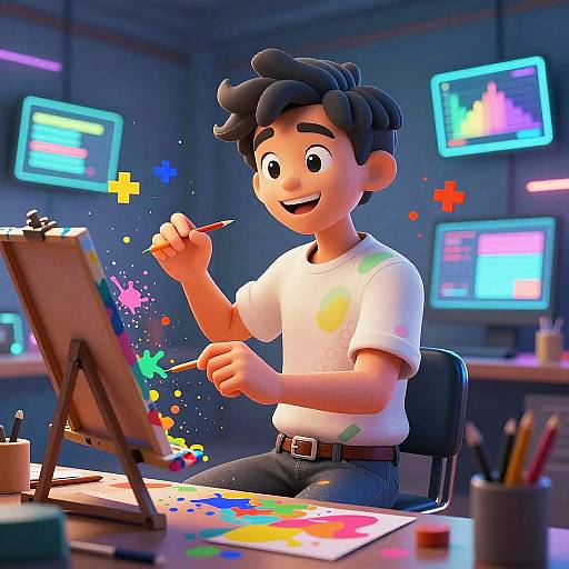 CGI illustration of a happy, young, Asian man with short black hair, wearing a white t-shirt, painting at a colorful desk in a brightly