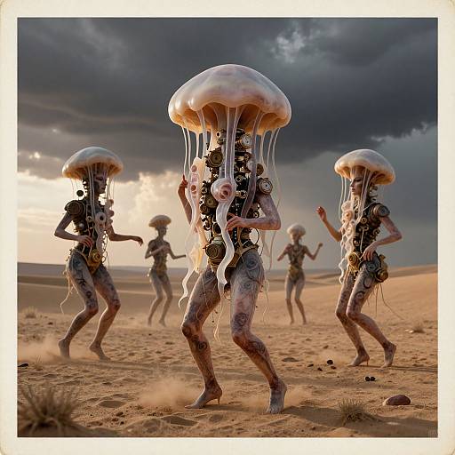 Digital art: Five skeletal, humanoid jellyfish with translucent domes and long tentacles dance in a desert under a stormy sky.