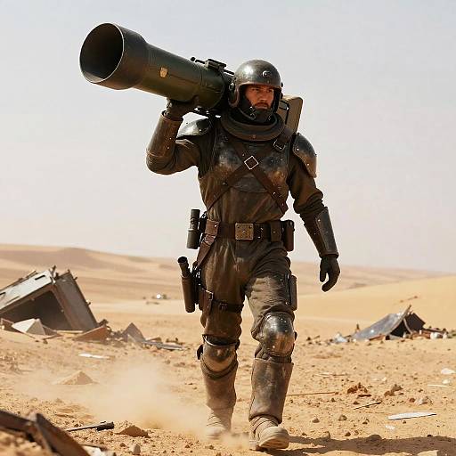 Armored Mercenary with Rocket Launcher in Desert Wasteland