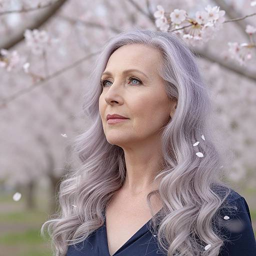 Photograph of a middle-aged woman with long, wavy, silver hair, wearing a black top, standing outdoors among blooming cherry blossoms.