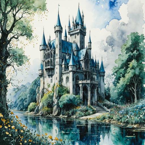 Gothic Castle Watercolor Painting