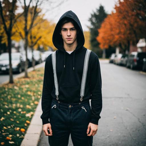 Young man in black hoodie with suspenders outdoors