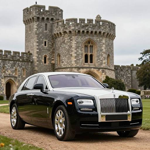 Photograph of a sleek black-and-white Rolls-Royce parked in front of a medieval stone castle with rounded towers and crenellations.