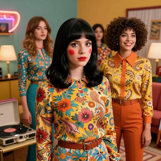 Photograph of three women in a retro, colorful room. Foreground woman with black hair, red cheeks, yellow floral dress; background women in yellow