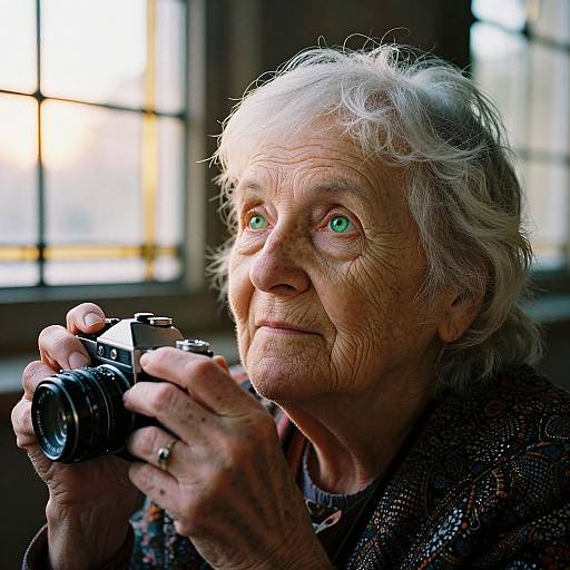 Photograph of an elderly woman with white, curly hair and green eyes, holding a camera, looking upward with a thoughtful expression. Sunlight filters through