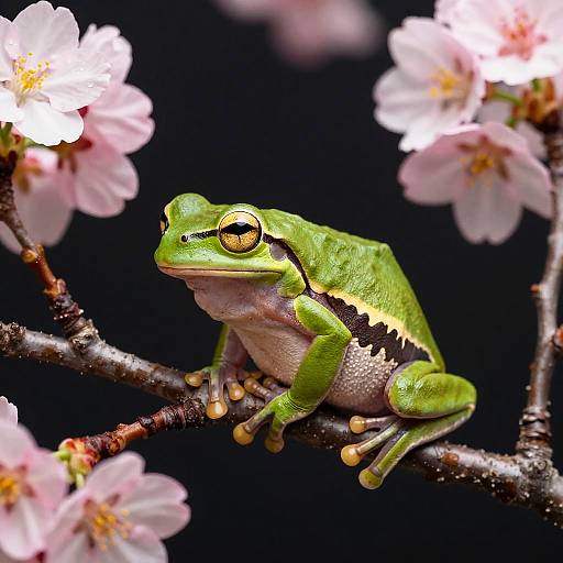 Striped Green Tree Frog with Cherry Blossom