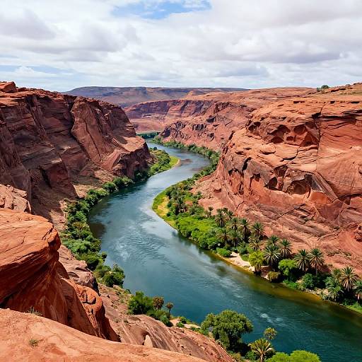 Photograph of a winding river flowing through a vivid red, rocky canyon with lush green trees and palm plants, under a partly cloudy sky.