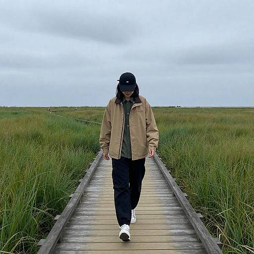 Person Walking on Scenic Wooden Boardwalk