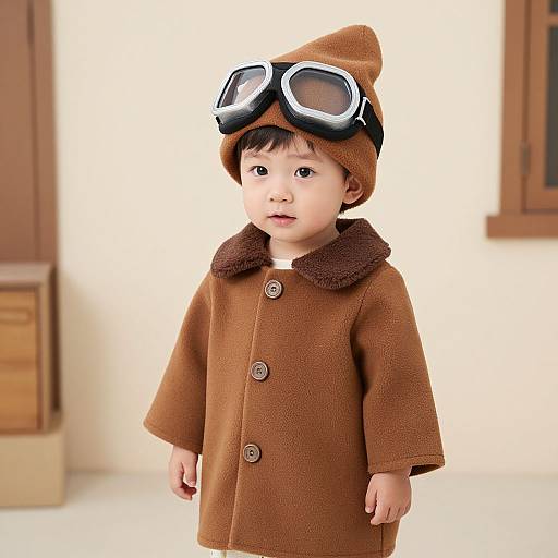 Photograph of an Asian toddler in a brown aviator-style coat with dark brown fur collar, wearing brown hat with goggles. Background: beige wall,