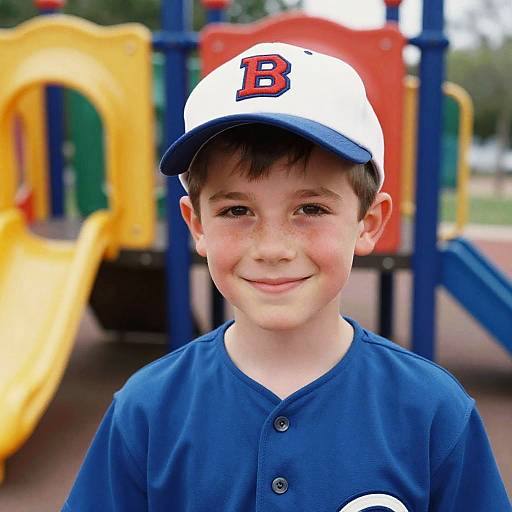 Photograph of a young boy with freckles, brown hair, wearing a white baseball cap with a red 